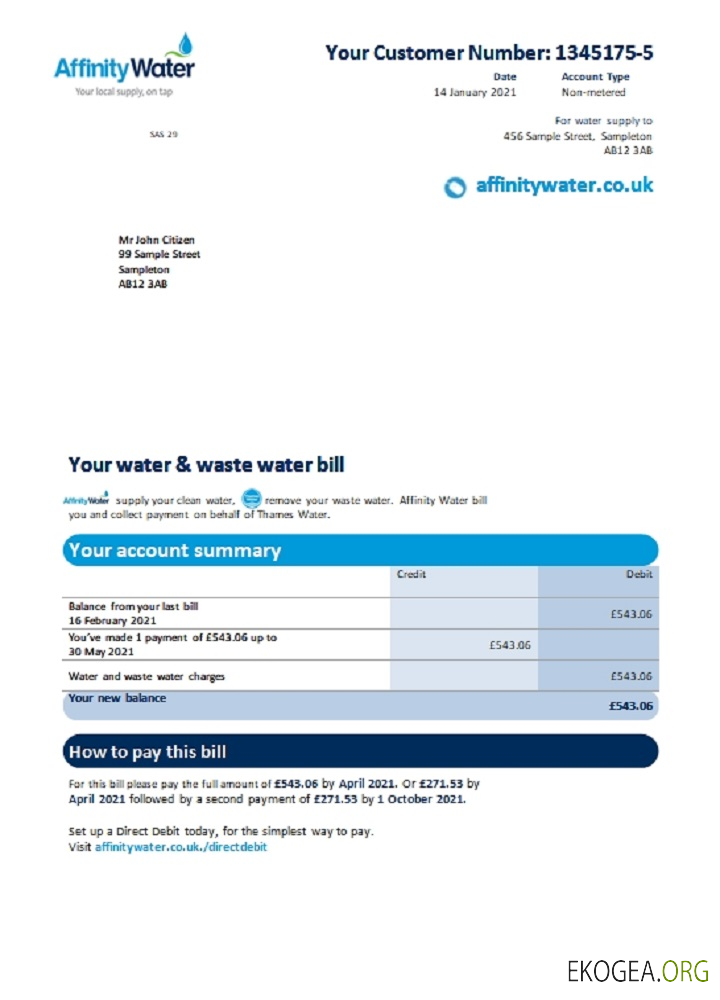 United Kingdom Affinity Water utility bill template in Word and PDF format